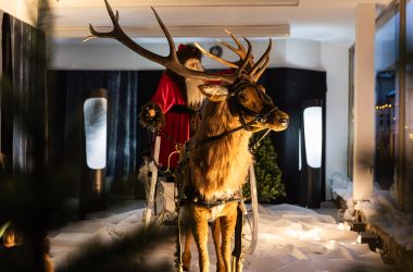 Dekofigur Weihnachtsmann mit Schlitten und Rentier in lebensgröße.