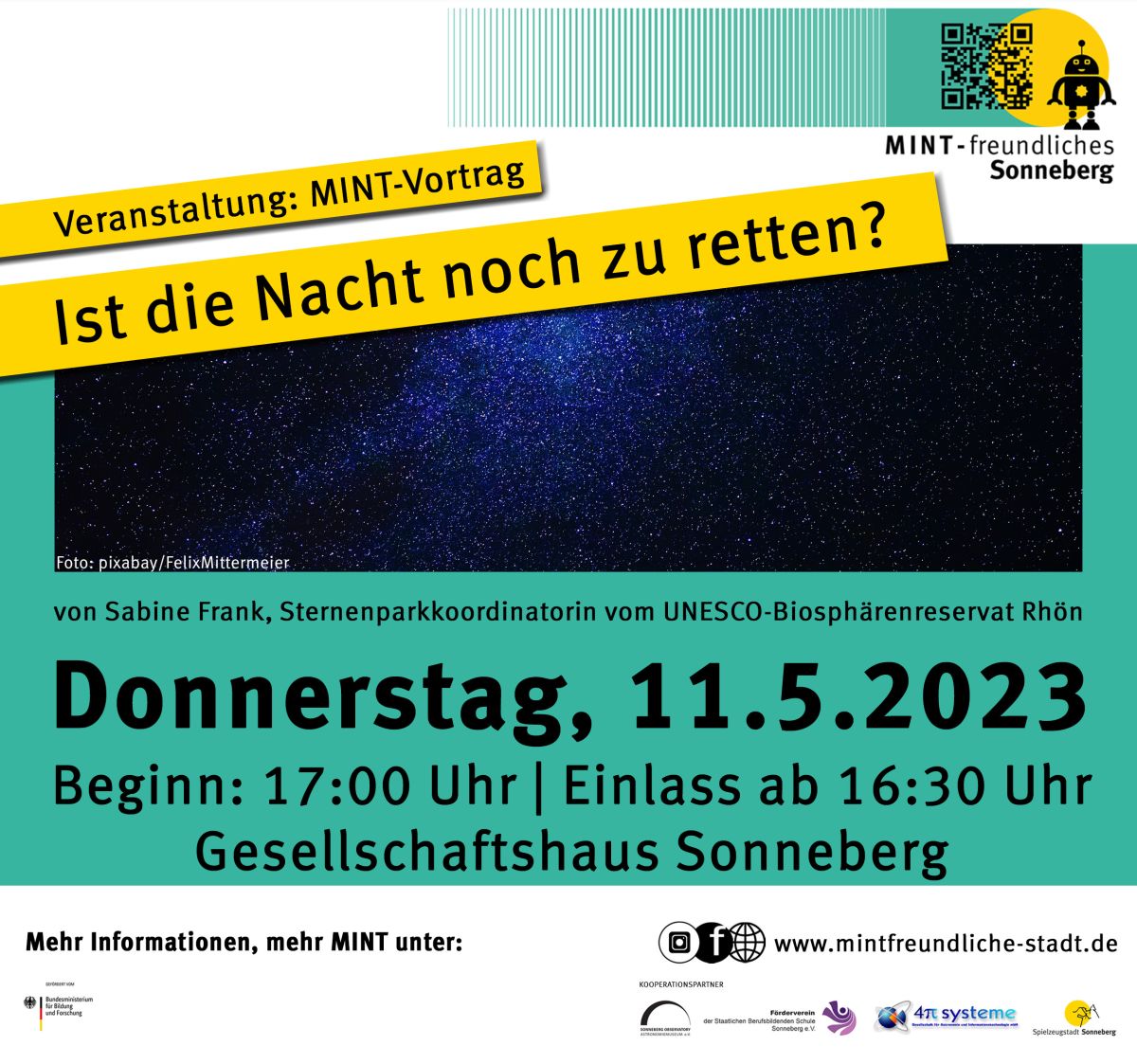 Eine grüne Grafik mit der Aufschrift: Veranstaltung MINT-Vortrag: Ist die Nacht noch zu retten?