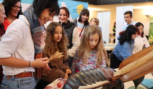 Interessierte schauen sich Modelle von Organen an.