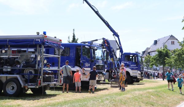 THW-Autos stehen auf einer Wiese nebeneinander.