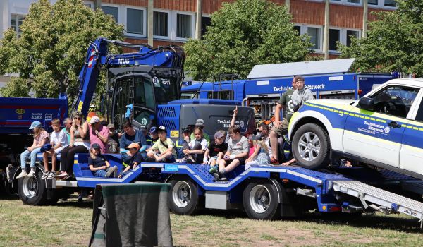 Fahrzeuge des THW stehen auf einer Wiese.