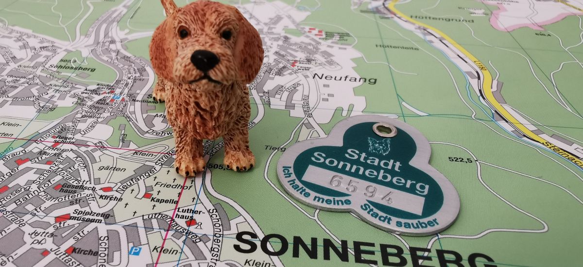Eine Hundefigur und eine Hundemarke auf einer Stadtkarte von Sonneberg.