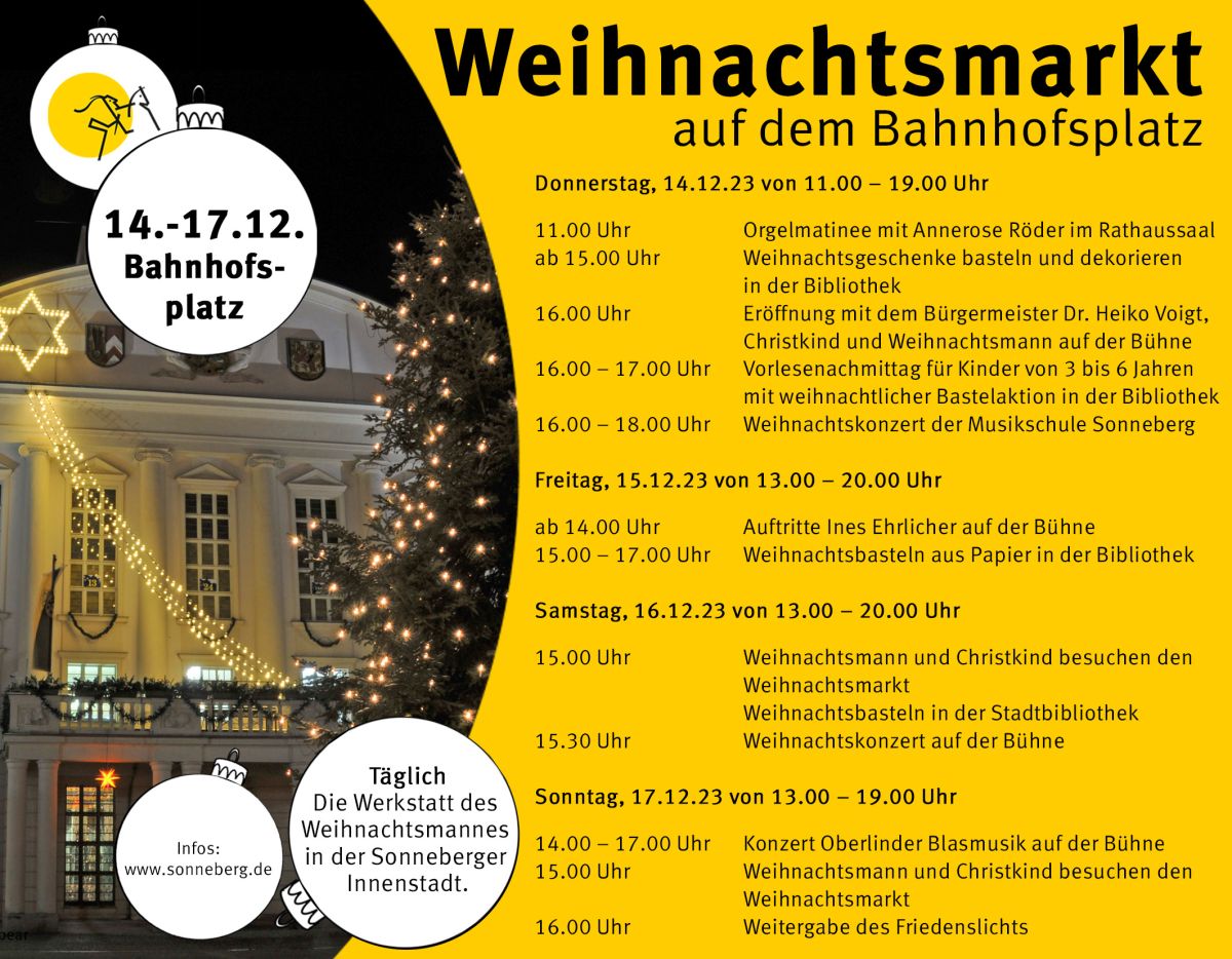 Eine gelbe Grafik mit dem Ablaufplan des Weihnachtsmarktes auf dem Bahnhofsplatz in Sonneberg 2023.