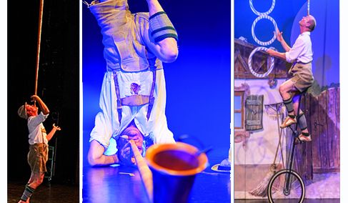 Ein Artist in Tracht balanciert ein Albhorn. Ein Artist spielt Albhorn im Kopfstand. Ein Artist balanciert einen Besen auf seiner Stirn, während er auf einem Einrad sitzt und dabei jongliert.