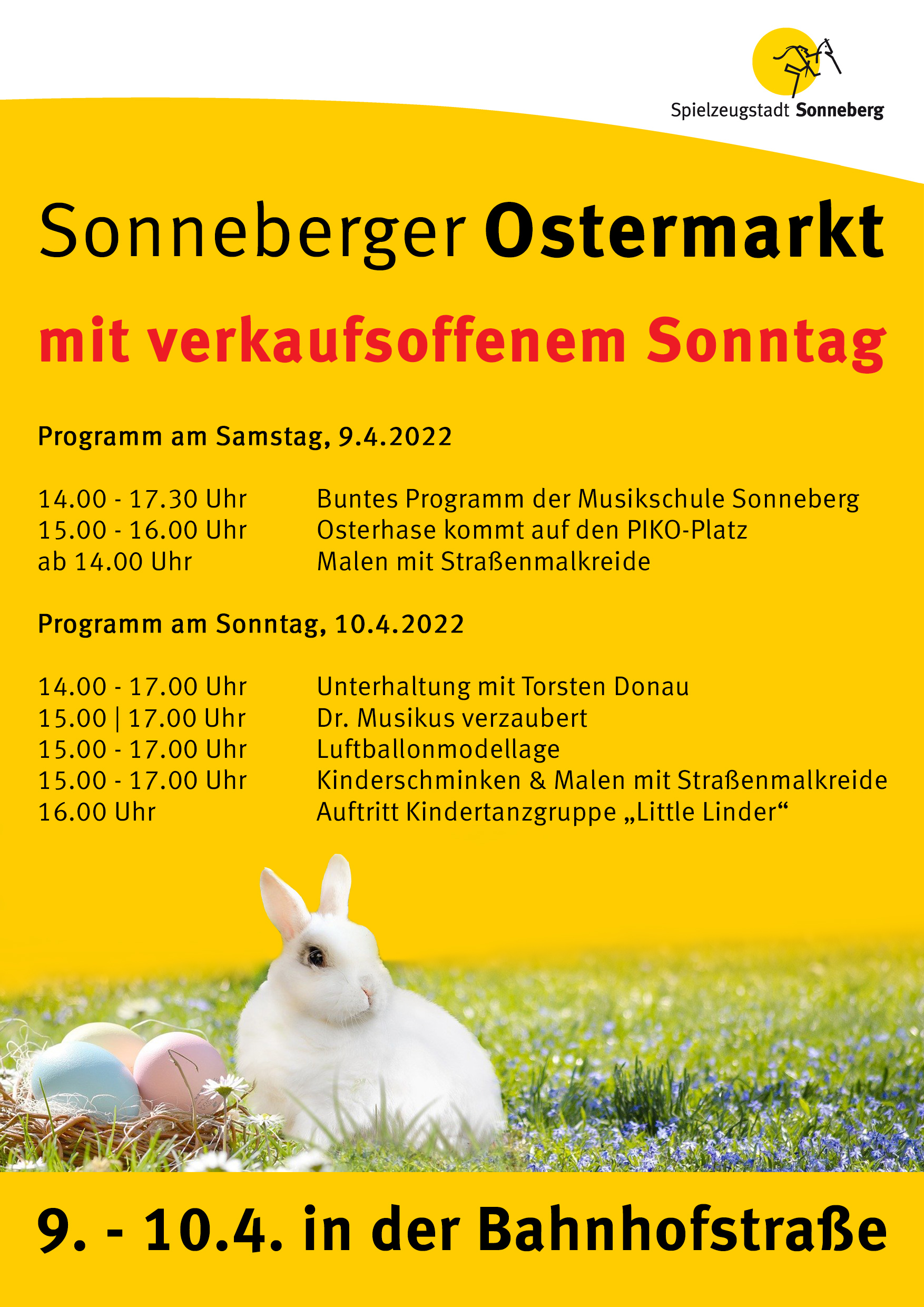Grafik zum Sonneberger Ostermarkt mit verkaufsoffenem Sonntag. Darauf steht der Programmablauf.