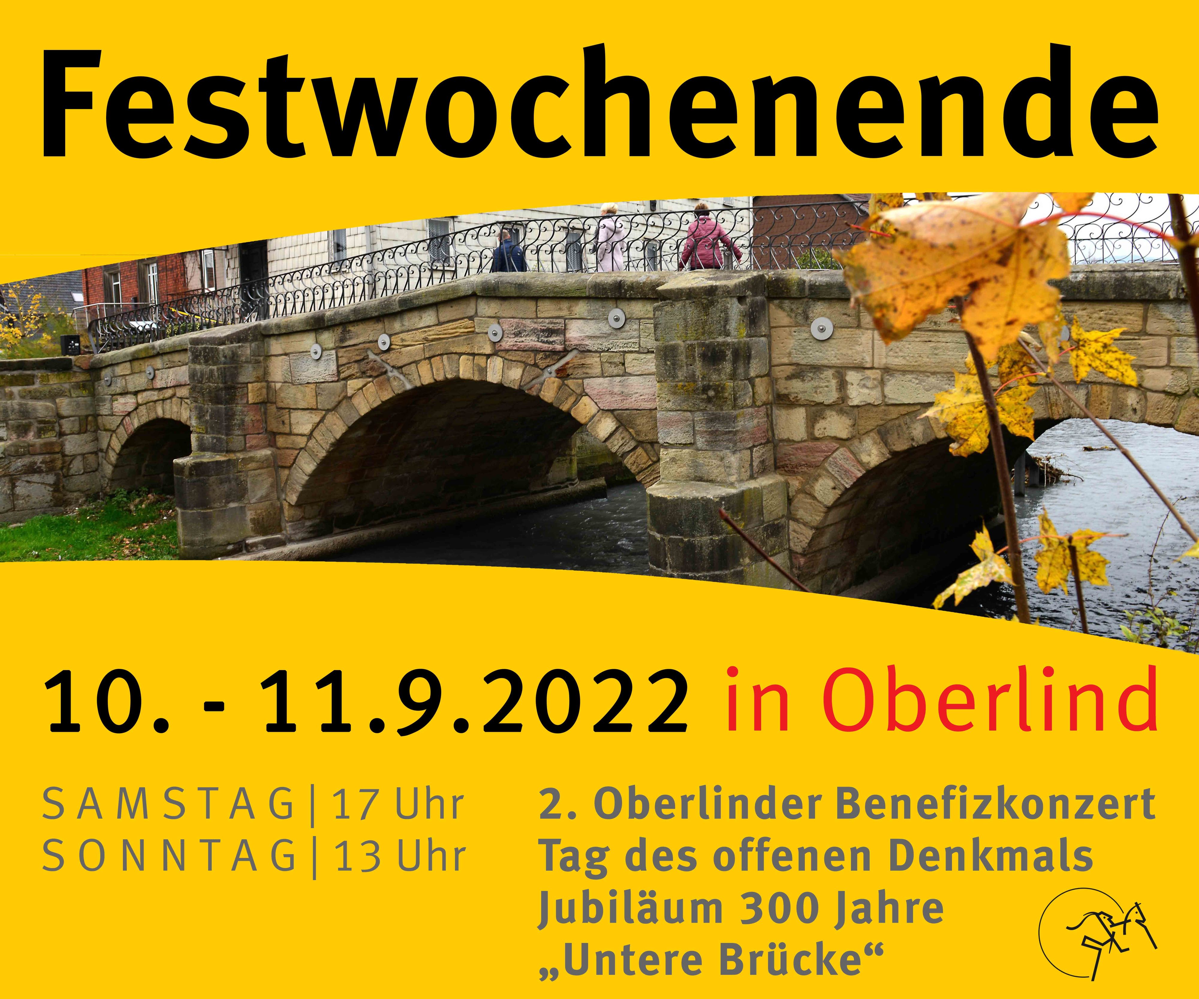 Eine gelbe Grafik für das Festwochenende in Oberlind. In der Mitte ist eine Brücke zu sehen. Unten steht: 2. Oberlinder Benefizkonzert, Tag des offenen Denkmals, Jubiläum 300 Jahre Untere Brücke.