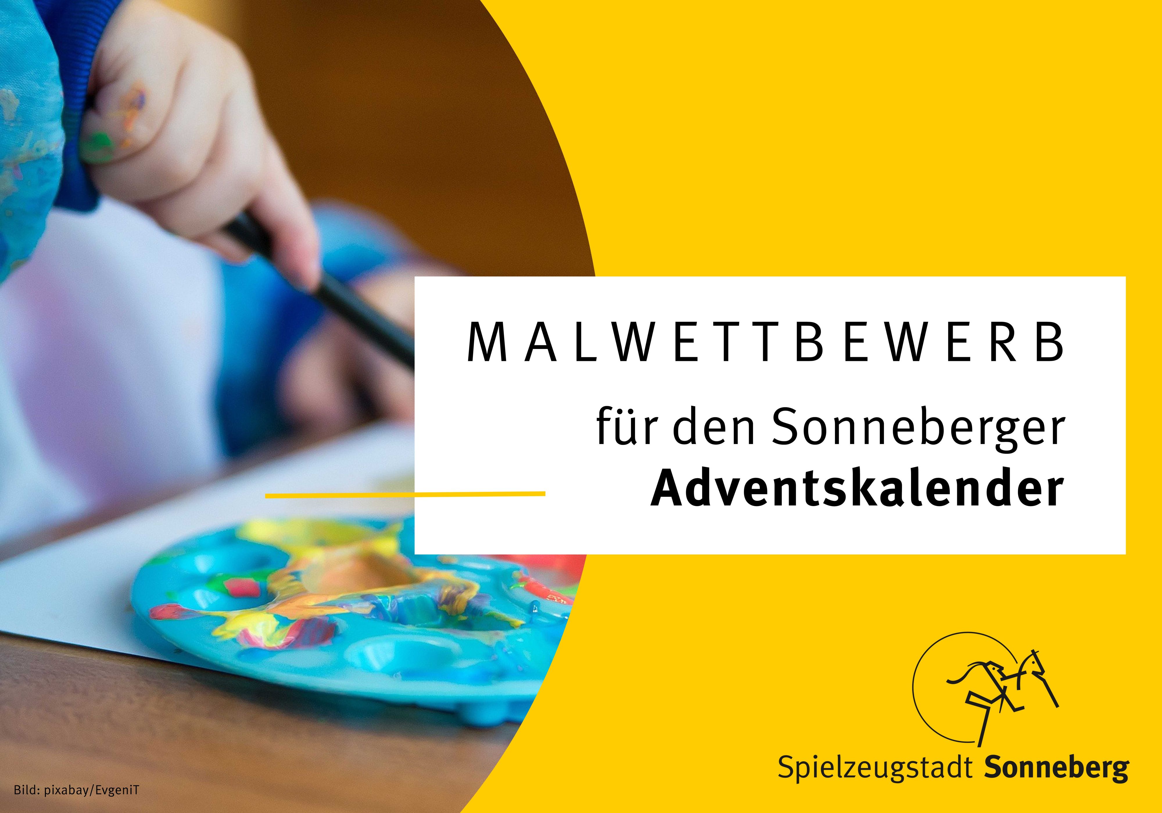 Eine gelbe Grafik mit der Aufschrift: Malwettbewerb für Sonneberger Adventskalender. Links daneben malt ein Kind.