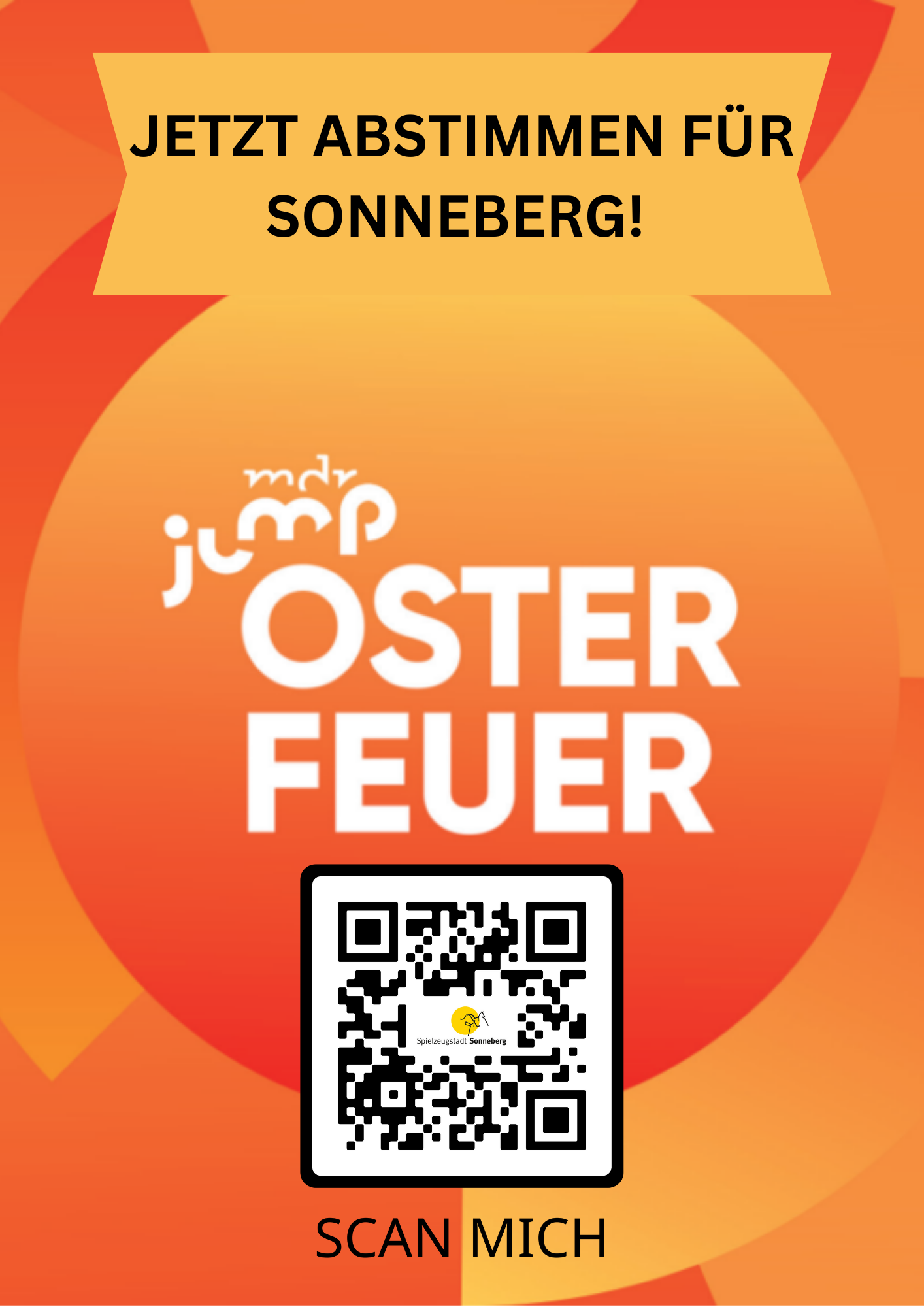 Eine orange Grafik mit der Aufschrift: mdr jump Osterfeuer, Jetzt abstimmen für Sonneberg.