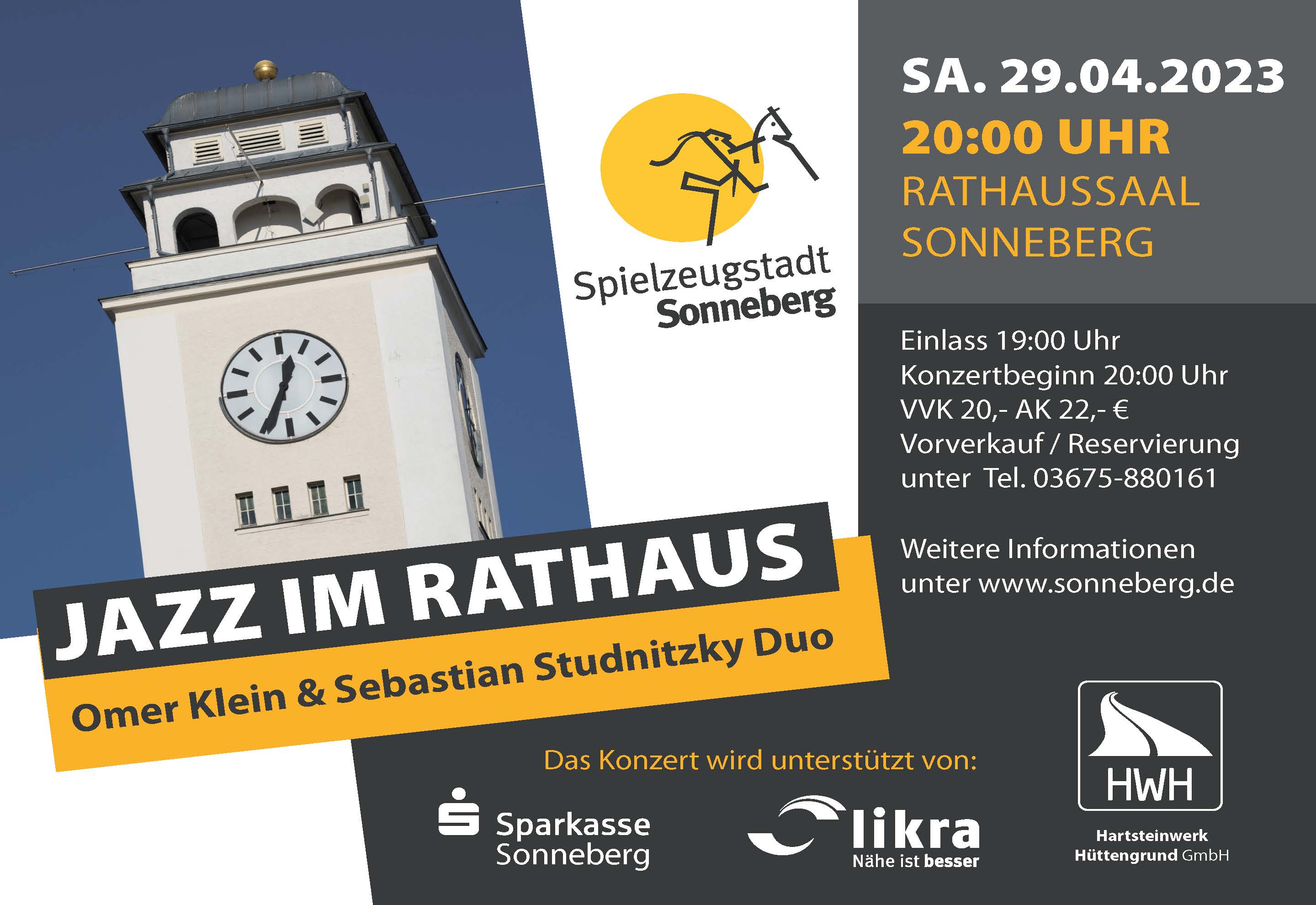 Grafik: Jazz im Rathaus mit Omer Klein & Sebastian Studnitzky Duo; 29.04.2023 20 Uhr.