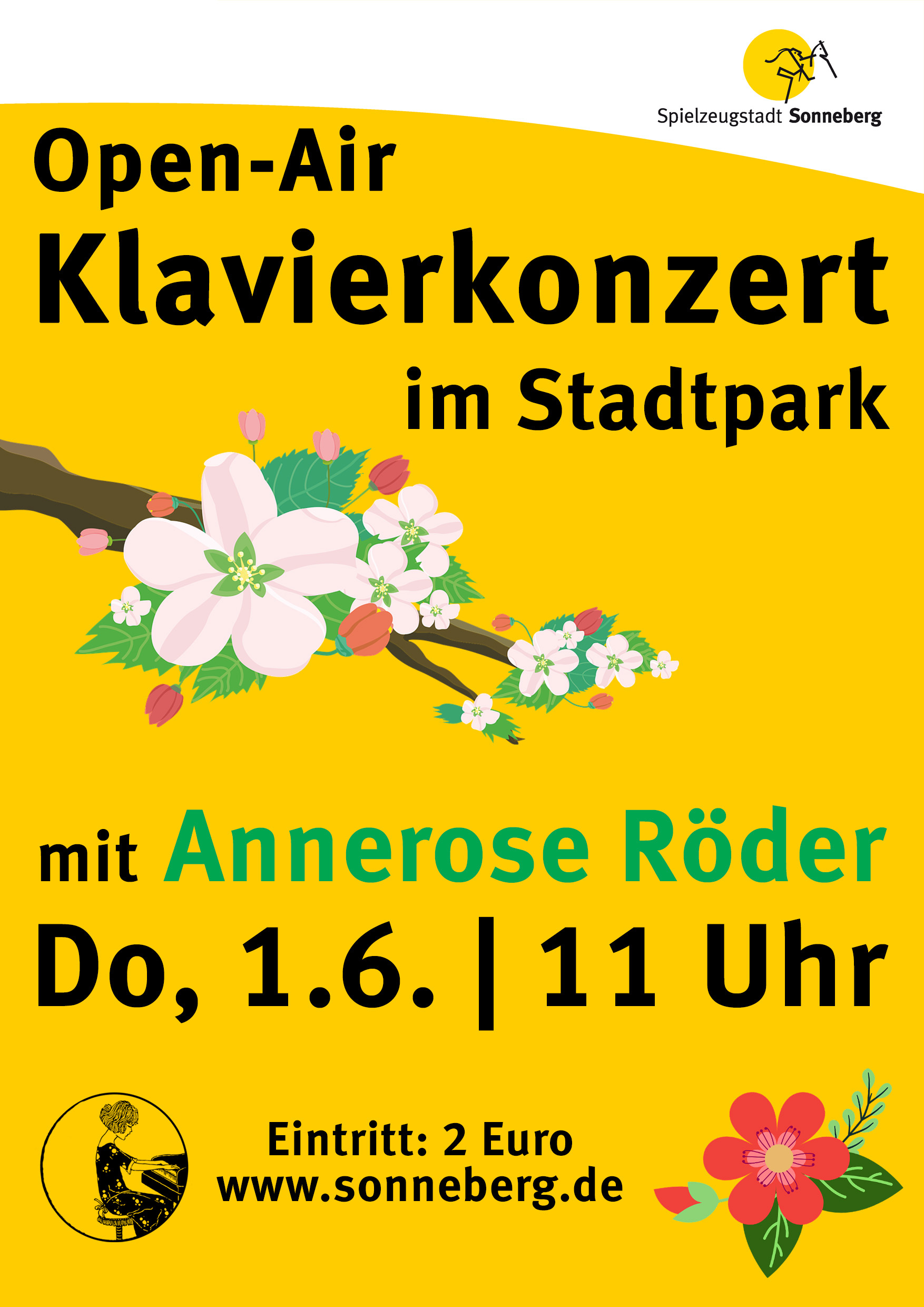 Eine gelbe Grafik mit der Aufschrift: Open-Air Klavierkonzert im Stadtpark mit Annerose Röder.