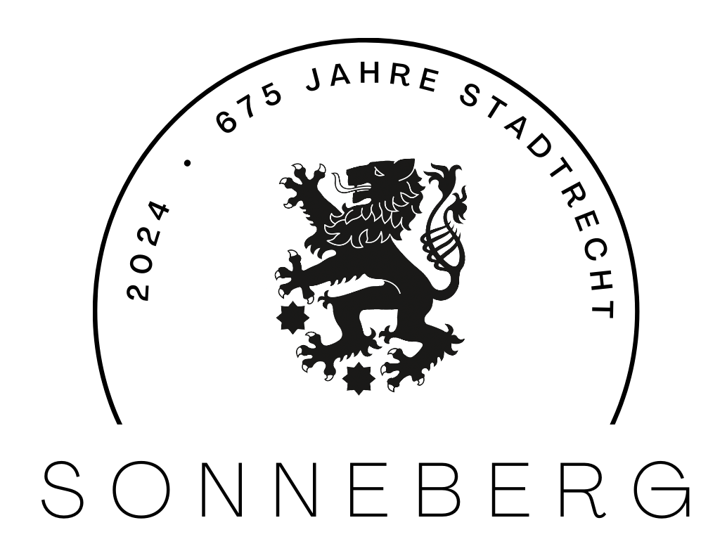 Logo: 2024 - 675 Jahre Stadtrecht Sonneberg. In der Mitte ist der Meißner Löwe.