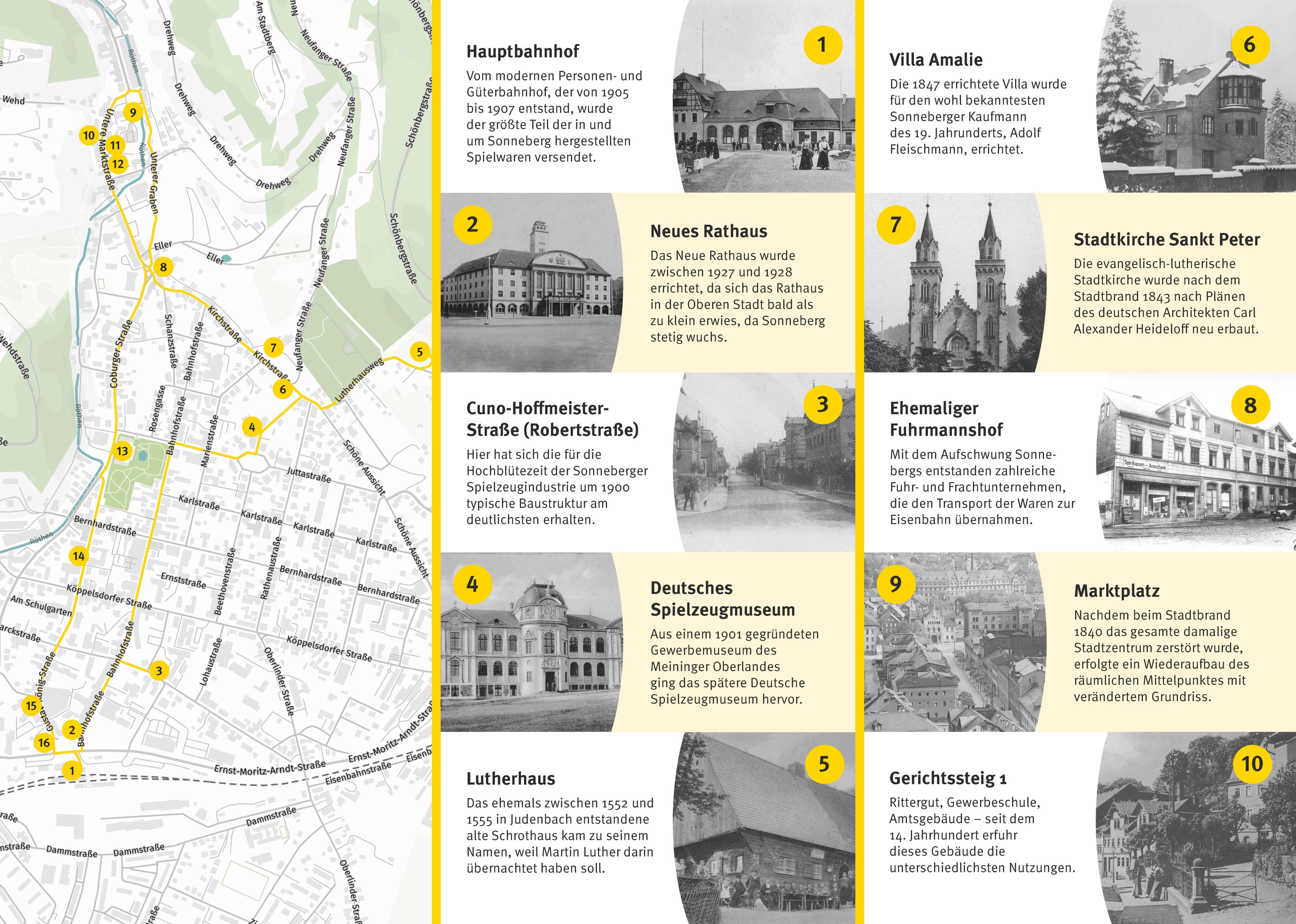 Ein Stadtplan mit eingezeichnetem Rundgang und schwarz-weißen Fotos von historischen Gebäuden.